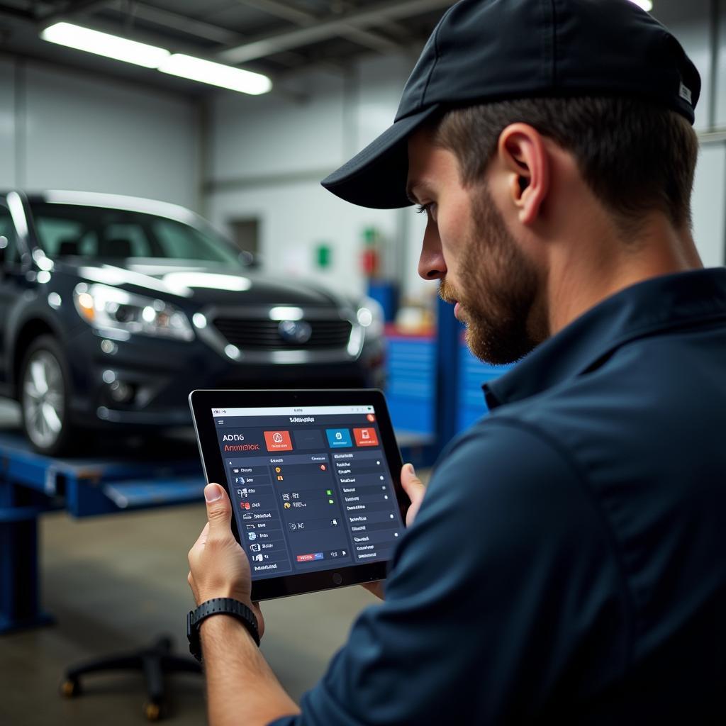 A mechanic using a car maintenance app on an iPad to diagnose a car problem.