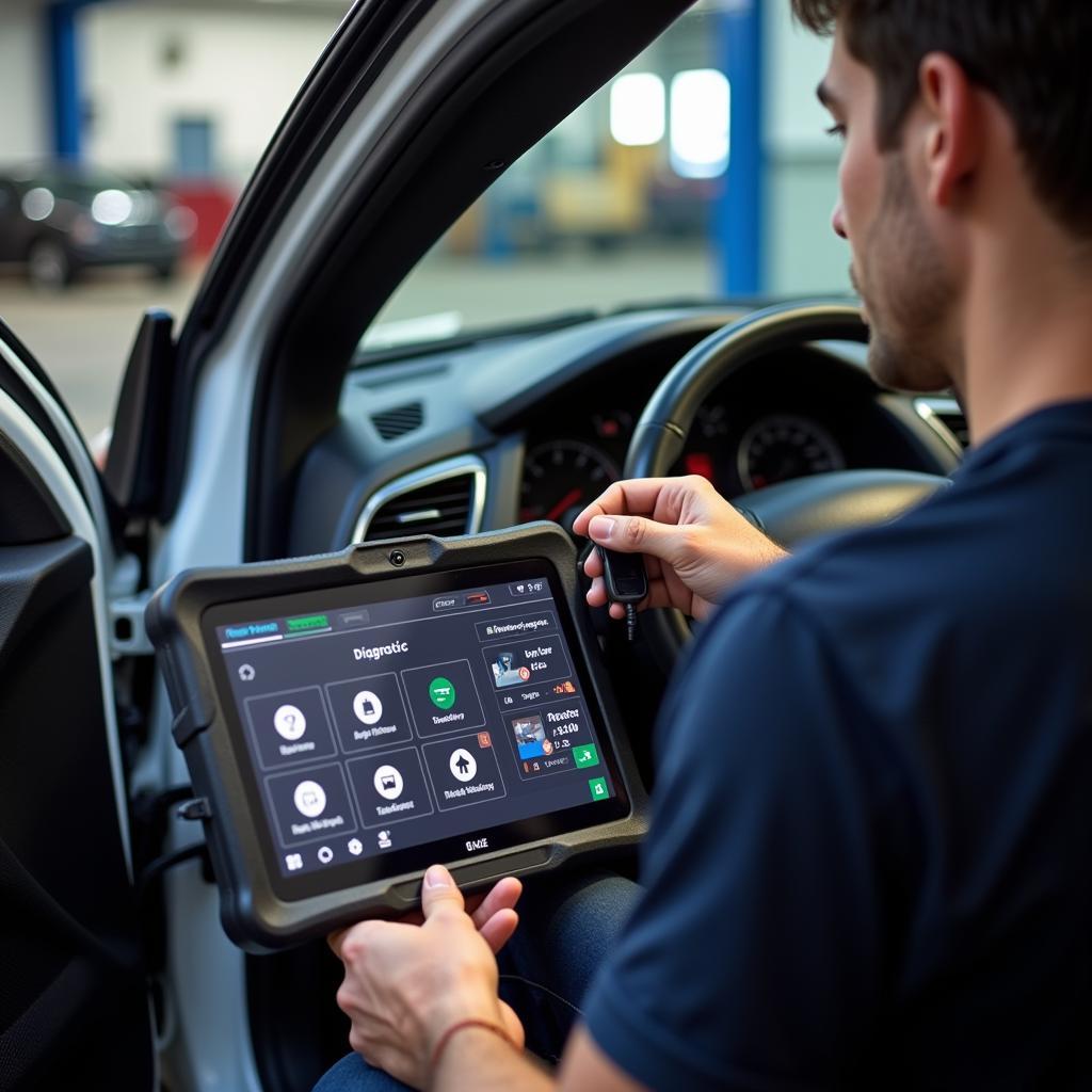 Mechanic Using Diagnostic Tablet on Car