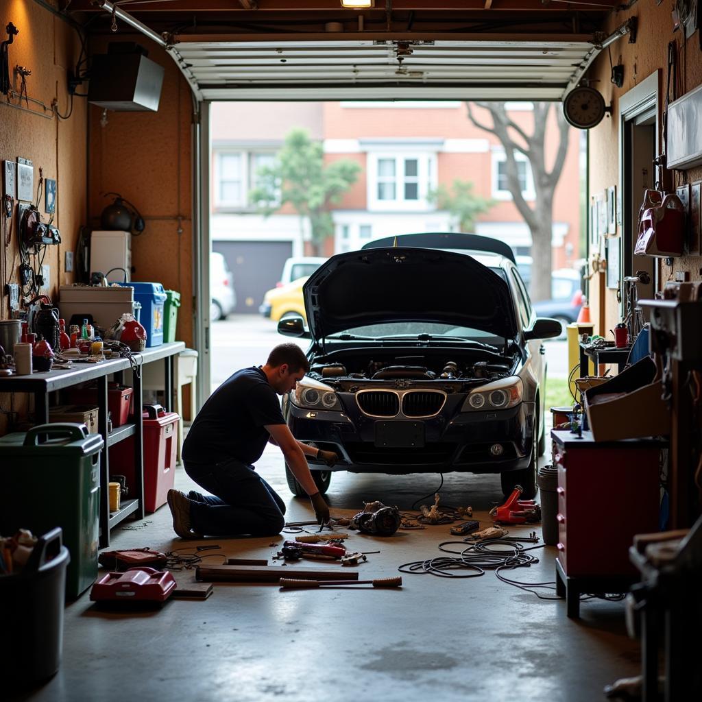 Mechanic Working on Car in a Home Garage