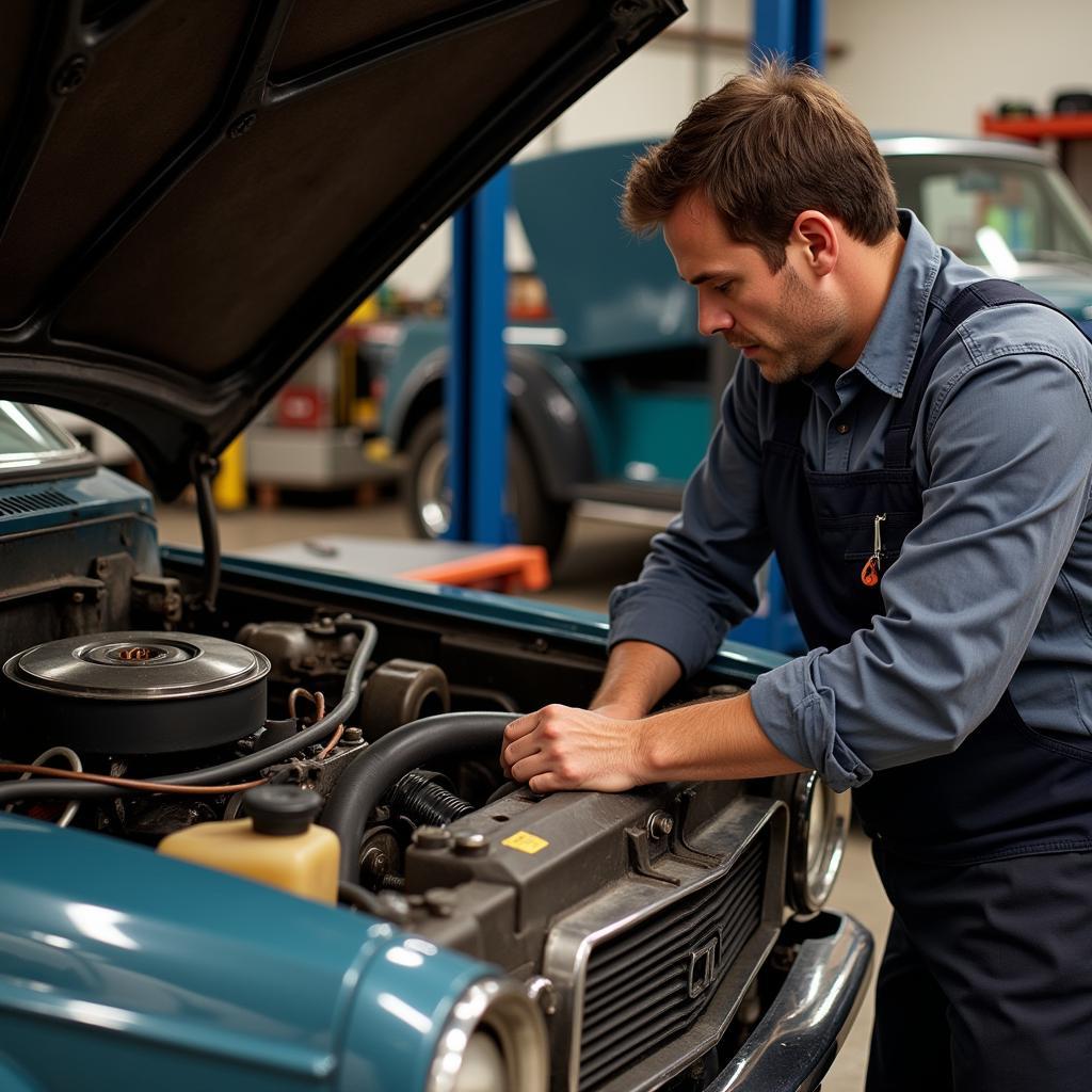 Mechanic Inspecting an Older Car's Engine