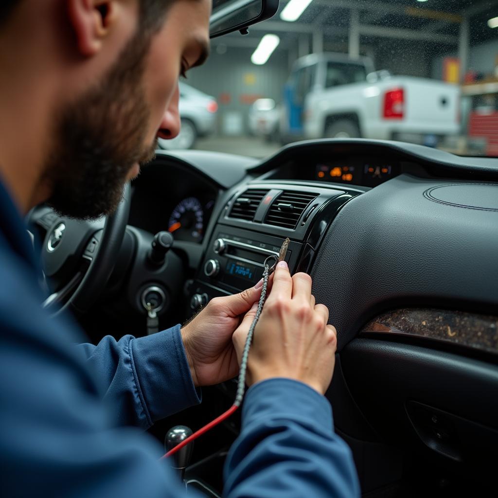 Professional auto upholsterer repairing car dashboard