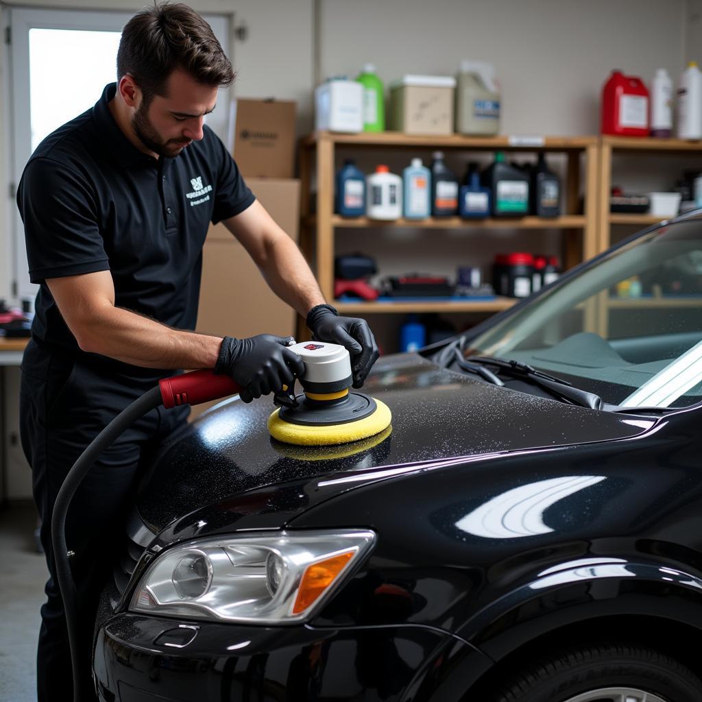 Professional car detailing process restoring faded black paint.