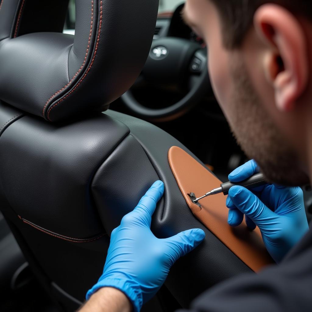 Professional Car Interior Repair:  A close-up of a technician using specialized tools to repair leather car seats.