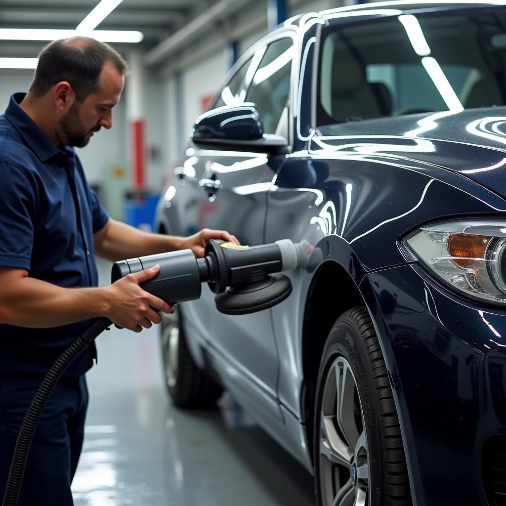 Professional car paint restoration process in a body shop.