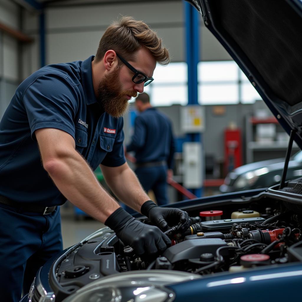 A professional mechanic working on a car engine