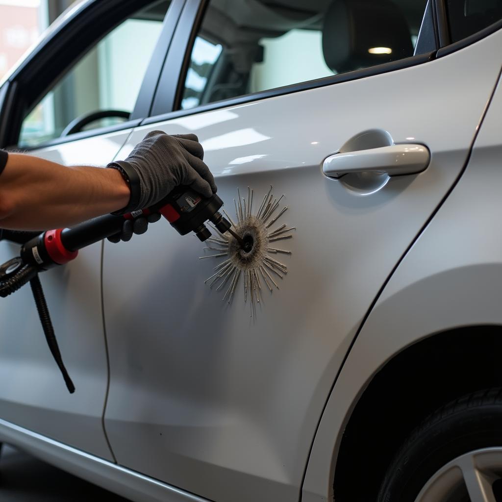 Professional PDR technician repairing hail damage