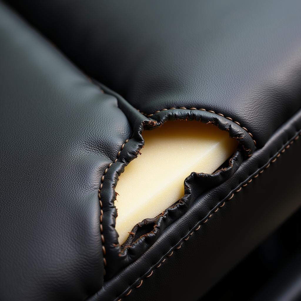 Close-up of a ripped leather car seat showing the damage