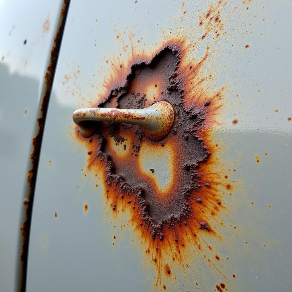 Close-up of a rusted paint chip on a car door