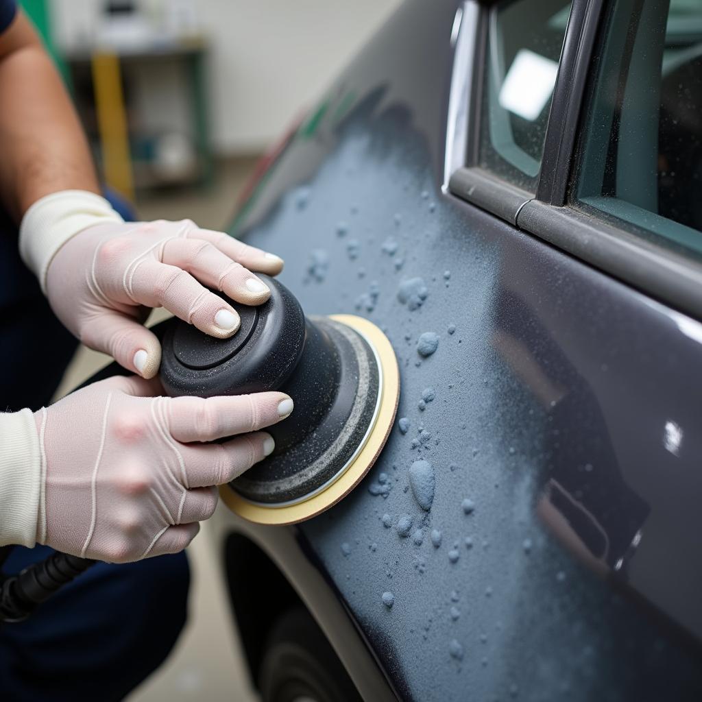 Sanding the affected area of bubbling car paint