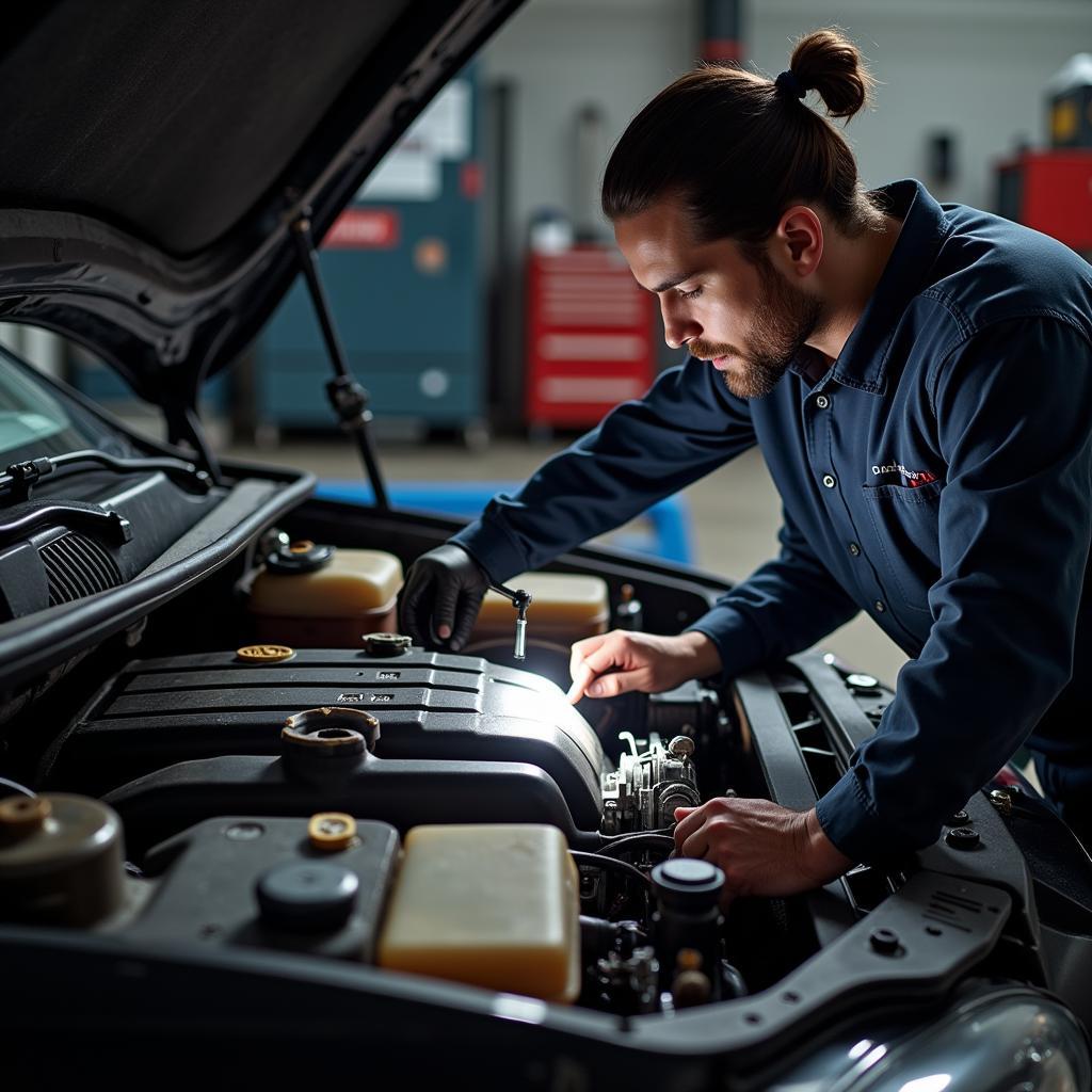 Selling a car: Mechanic inspecting a car's engine before selling.