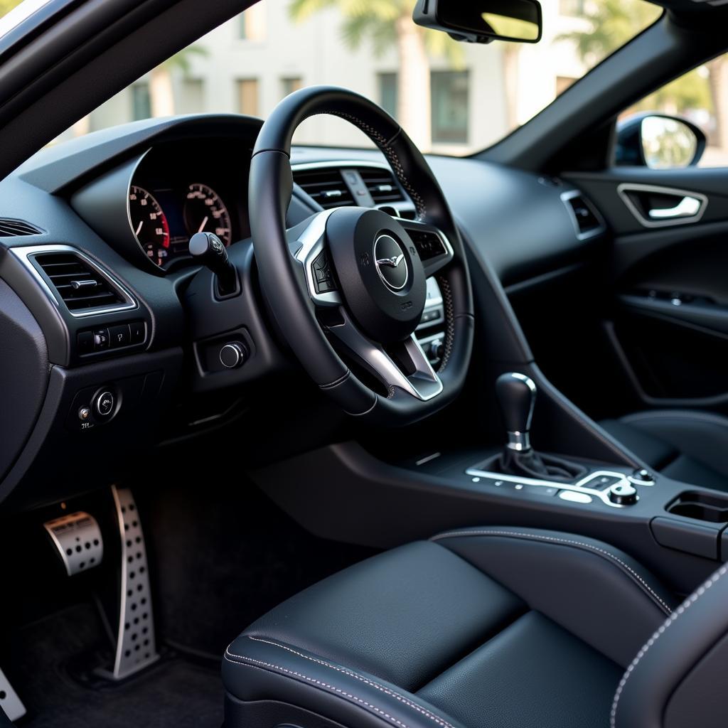 Interior of a sports car showcasing the fixed paddle shifters