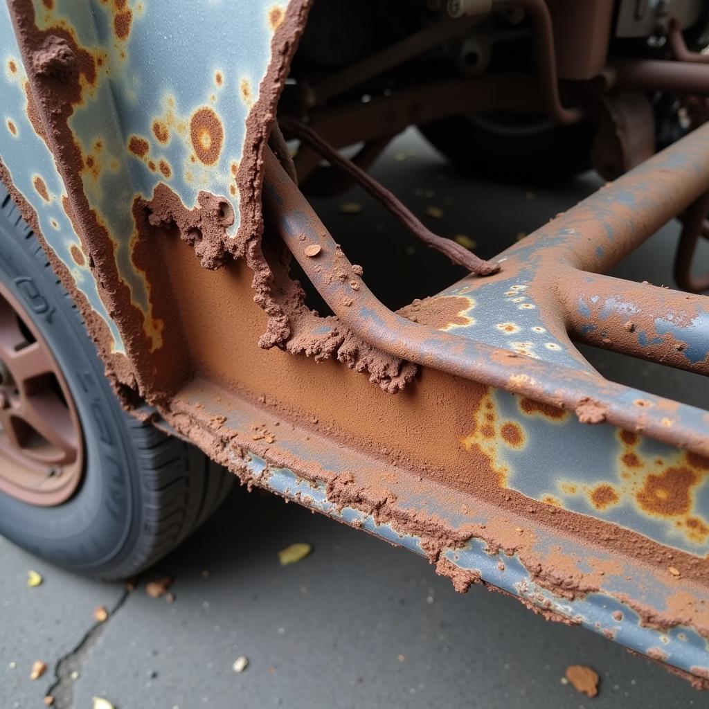 Structural rust damage on a car frame