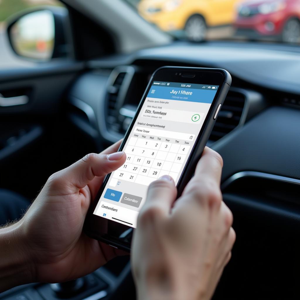 Person using a car maintenance app on their phone to schedule a service appointment.