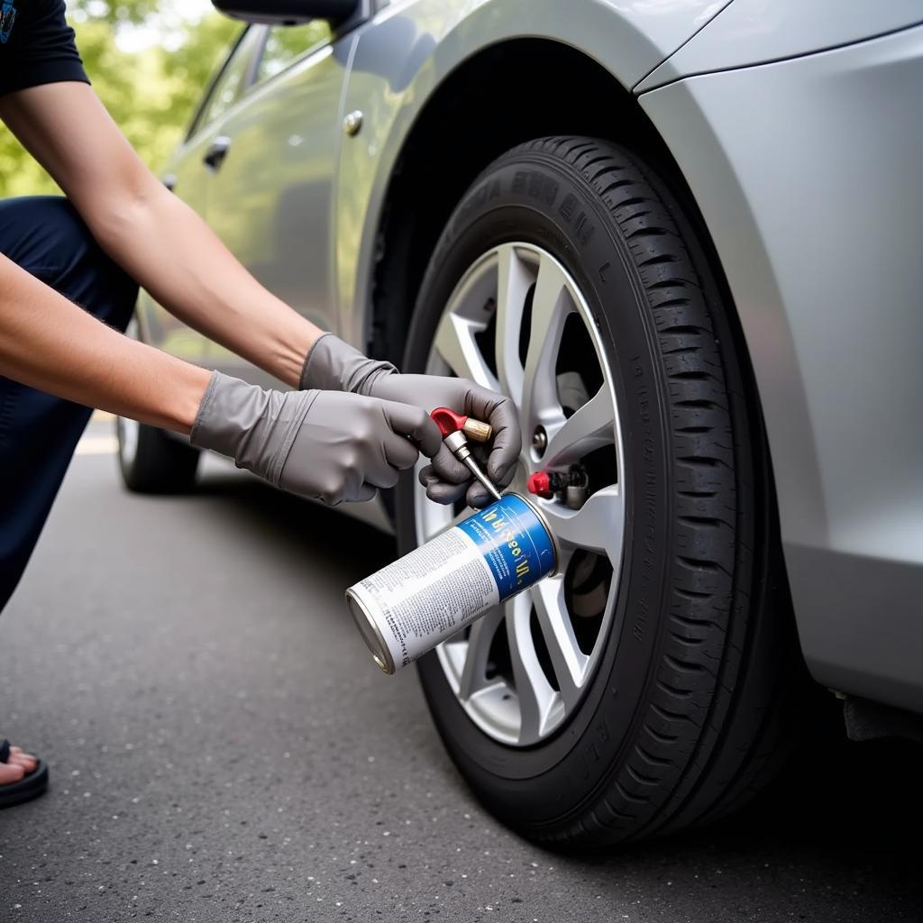 A Person Using Fix-a-Flat on a Car Tire