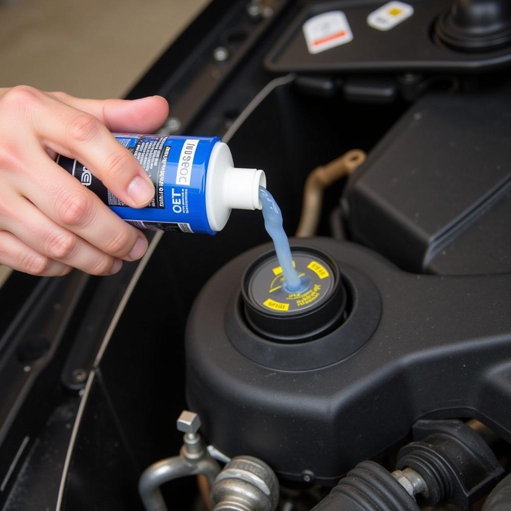 Pouring Oil Stop Leak Additive into Car Engine