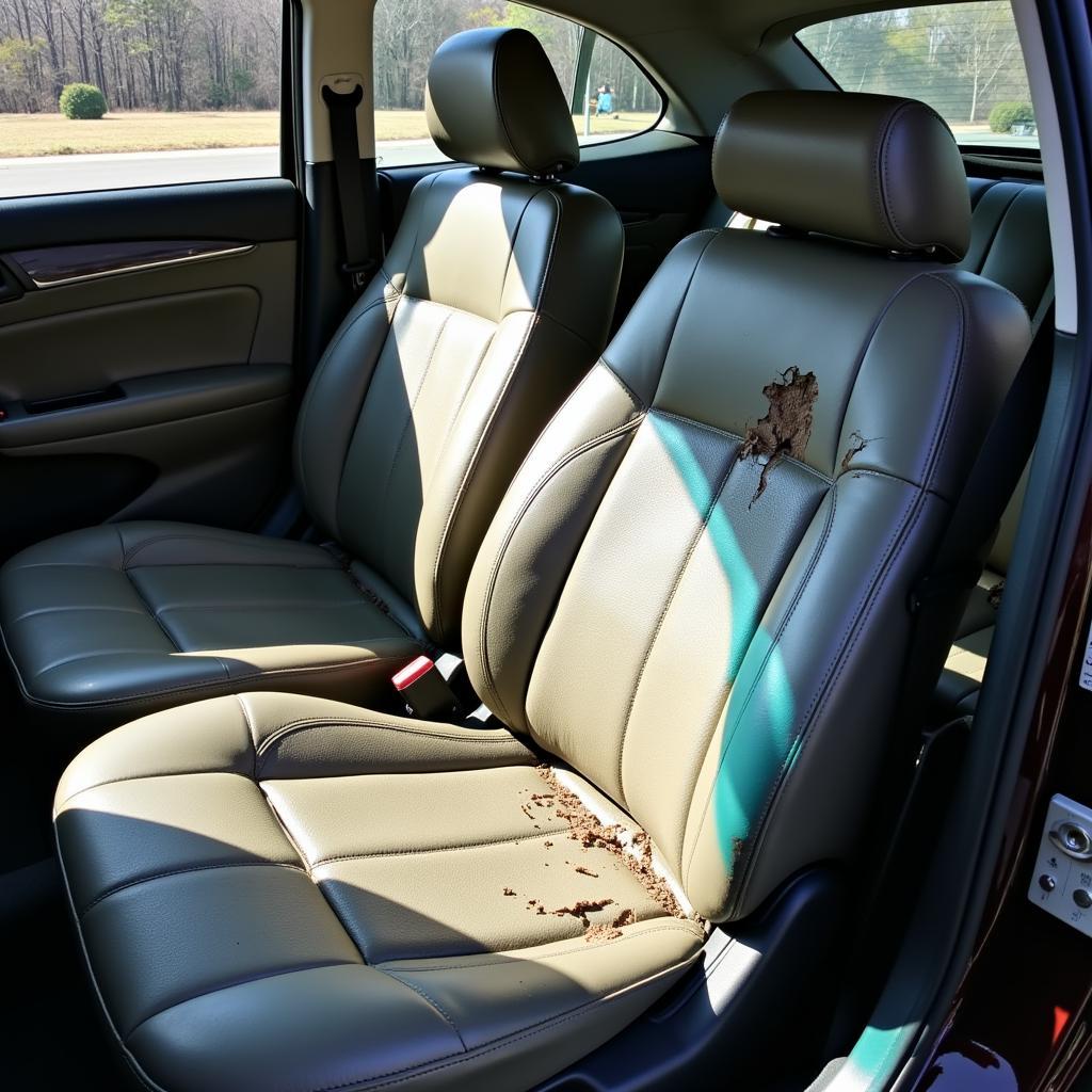 A car seat showing sun damage and fading on the vinyl surface.