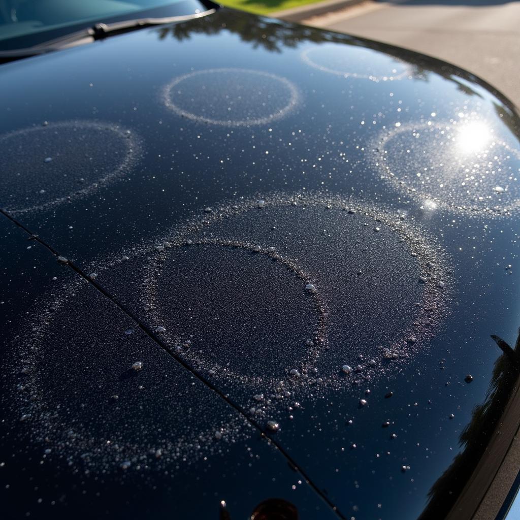 Close up image of water spots on car paint