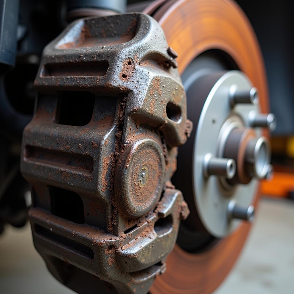 Worn brake pads and damaged rotor resulting from poor car maintenance.