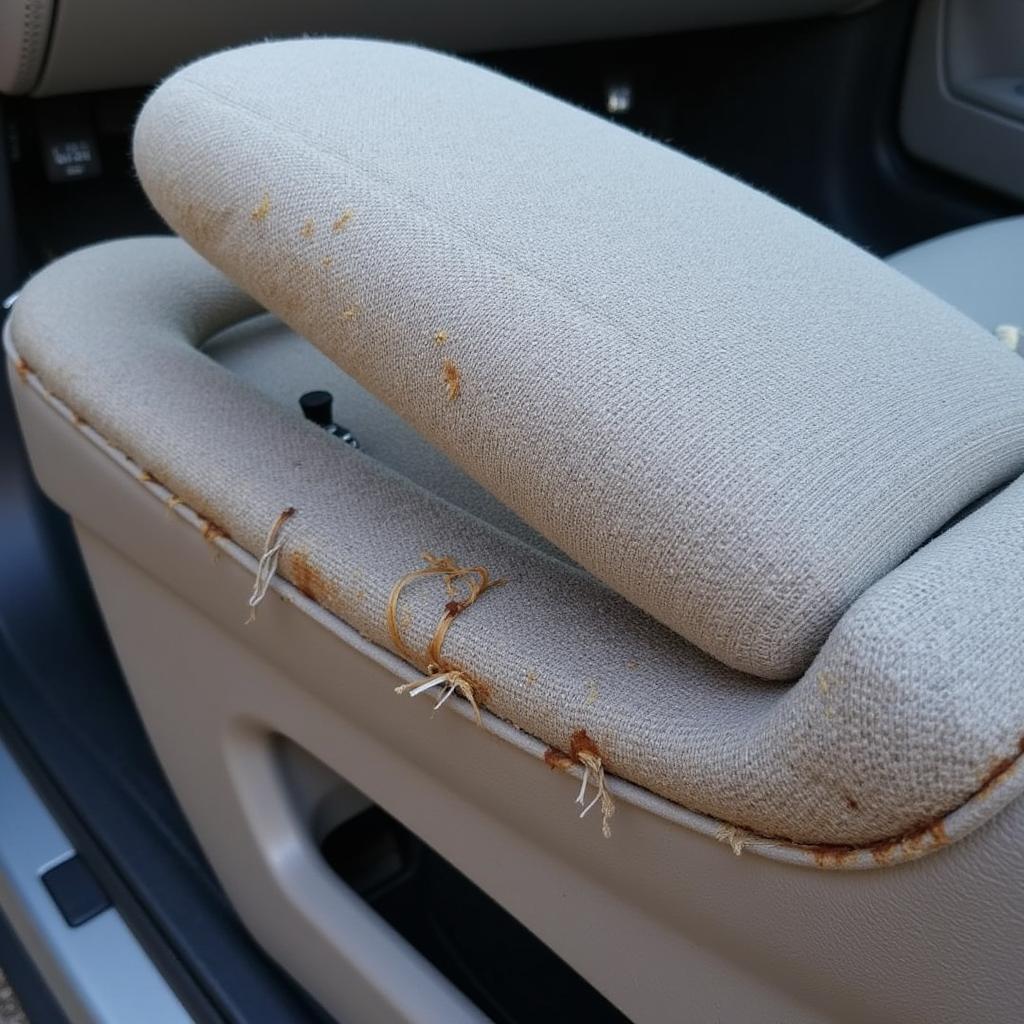 Worn Car Door Armrest Showing Signs of Fraying and Discoloration